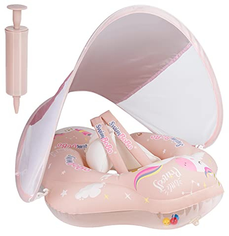 Flotador para recién Nacido, de 6 a 36 Meses, con Parasol Salvavidas para niños, Flotador Hinchable para Piscina, Ajustable, Doble airbag con Anillo Rosa