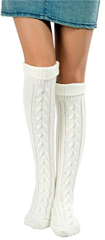SherryDC Women's Cable Knit Long Boot Socks Over Knee High Winter Leg Warmers,White,One Size