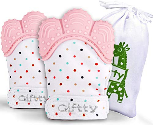 Giftty Baby Teething Mitten, Self-Soothing Teether Glove, Pain Relief Silicone Mitt, Double Breathable, Stay on Baby's Hand, Unisex for Babies 3-12 Months(2 Pink Mittens)