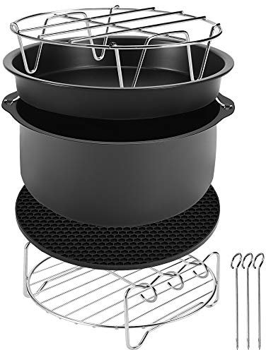 MONZANA® Heißluftfritteuse Zubehör 8tlg. Fritteuse Set inkl. Brotbackkorb 3,6L Pizzapfanne Silikonpfanne Grillrost Spieße