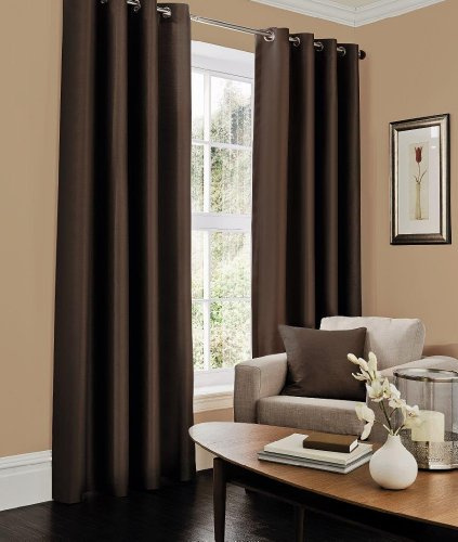 LJ Luxury Faux Silk Curtains Eyelet Top Fully Lined Ring Top Curtain Pairs With Two Tie Backs (Chocolate, 66 wide x 72 drop)