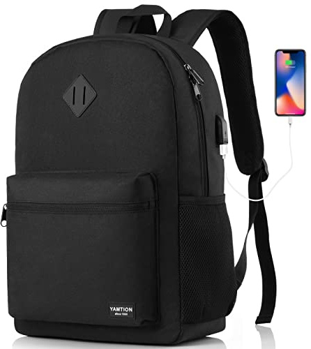 YAMTION Black Backpack for Women Men,Casual School Backpack Teen Boys and Girls 15.6 Inch Laptop Bookbag with USB Charger for College High School Travel Business