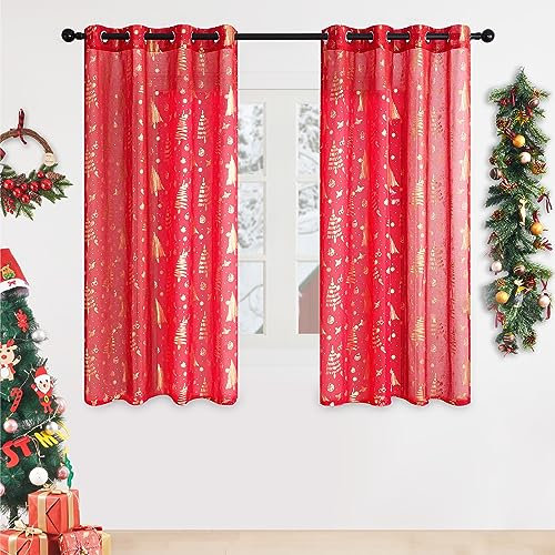 Topfinel Weihnachtsdeko Gardinen mit Ösen Weihnachten Rot Vorhänge Wohnzimmer Modern Kurz Vorhang 160 cm Hoch Stores Gardine Schal 2er Set 140 cm Breit Dekoschal für Schlafzimmer