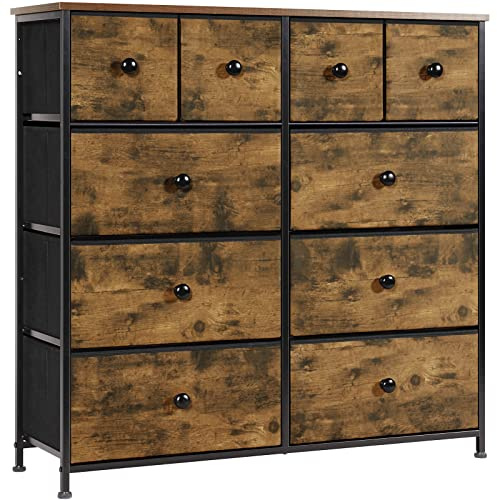 LYNCOHOME Chest of Drawers, Bedroom Furniture with 10 Large Drawers,Wooden Top & Metal Frame,Storage Drawers for Closet, Living Room, Hallway, Rustic Brown