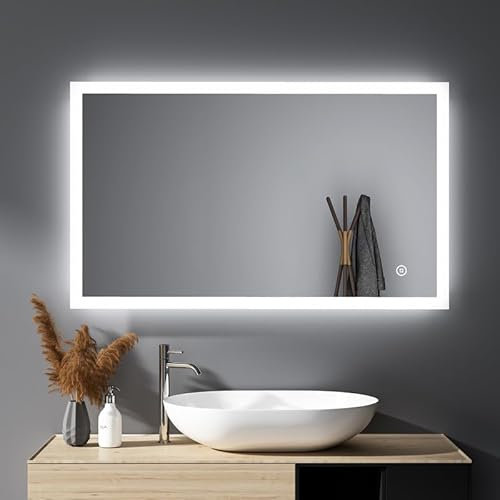 HY-RWML Badspiegel 100x60cm Badezimmerspiegel mit Beleuchtung Touch Schalter 3 Lichtfarbe Rechteckiger Wandspiegel Warmweißes Kaltweiß 6500K Energieklasse A++ für Badezimmer Wohnzimmer
