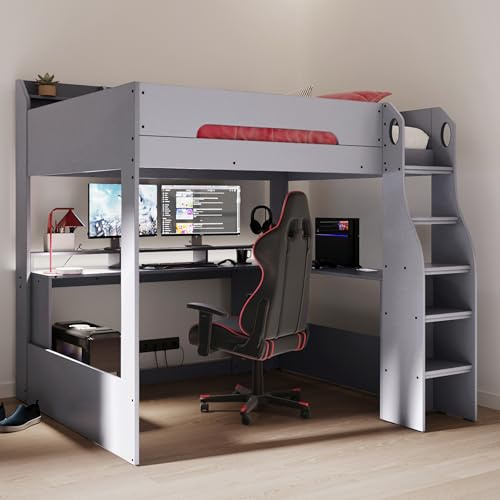 Flair Furnishings Wooden High Sleeper Beds for Kids, Single Gaming Bed with Desk, Heavy Duty and Sturdy, Space-Saving Design (Grey)