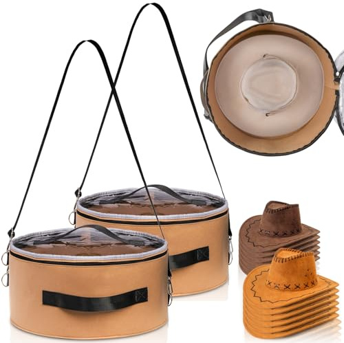 Goaste 2 Pack Hat Storage Box with Lid, 15 Inch Foldable Felt Hats Box, Round Travel Hat Organizer, Cowboy Hats Storage Box with Transparent Lid for Men Women, Stuffed Animal Toys, Clothes, Khaki
