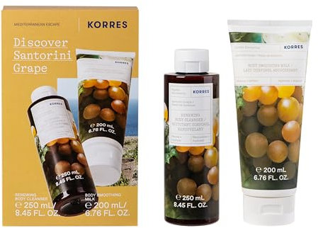 KORRES SANTORINI GRAPE Set per la cura del corpo per donne e uomini, in gel doccia da 250 ml e latte corpo da 200 ml, profumo fruttato d'uva, vegano