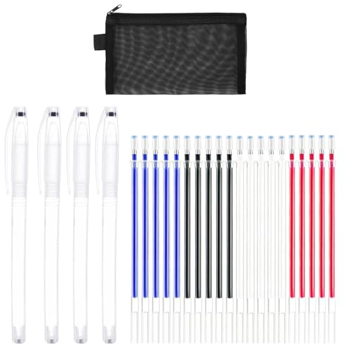4 High Temperature Erasable Pens, 20 Refills, 1 Pencil Case, Disappearing Fabric Marker for Clothing, Sewing, Heat Erasing Textile Marker