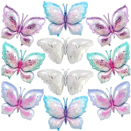 Lot de 10 ballons géants en aluminium avec dégradé de couleur papillon - Parfait pour les mariages, remises de diplômes, réunions, anniversaires et décorations de fête d'anniversaire (argent, bleu