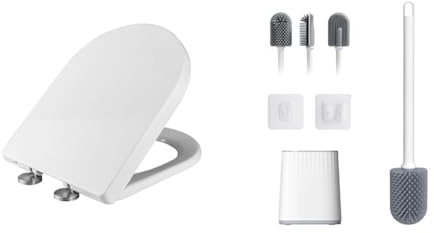 Ibergrif M41001, Abattant WC Forme D, Cuvette Toilette avec Frein de Chute, Lunette WC & M34151-2, Brosse WC Silicone - Brosse Toilette et Supports, Anti-goutte, Antibactérienne