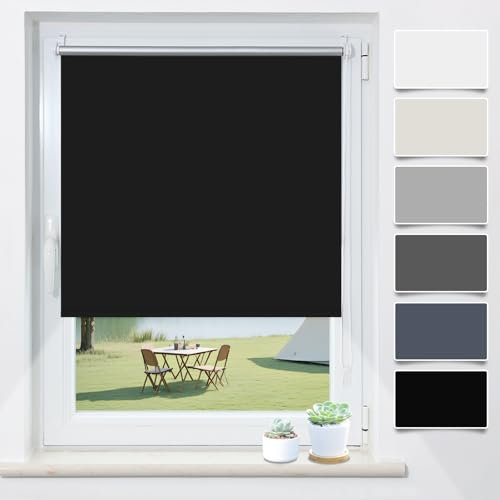 Verdunklungsrollo Klemmfix ohne Bohren Schwarz B60 x H170cm(Stoffbreite 55cm) Rollos für Fenster ohne Bohren Thermo Rollo Verdunkelung Klemmrollo Thermorollo Seitenzugrollo Sonnen- & Hitzeschutz