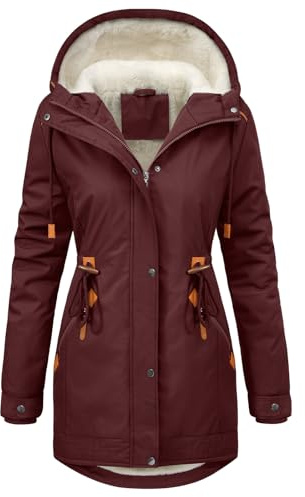 CMTOP Winter Jackets for Women Fleece Lined Hooded Parka Mid-Length Warm Padded Ladies Coats Zip Up Windproof Overcoats Thickened Thermal Leisure Outwear with Pockets(Wine Red, L)