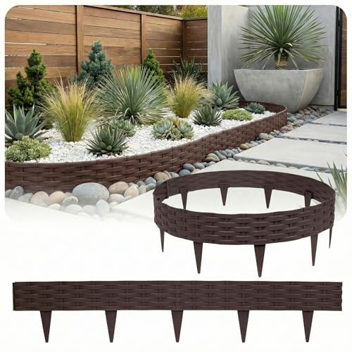 Bordure de Jardin Imitation Rotin 10 m, Lot de 10 Panneaux, Clôture Paysagère Flexible et Résistante, Facile à Poser pour Allée, Pelouse, Marron