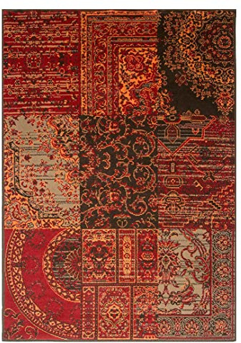 Milan Red Brown Burnt Orange Grey Patchwork Traditional Living Room Rug 120cm x 170cm