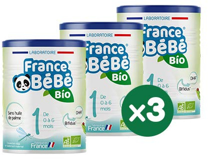 FRANCE BéBé BIO - Lait infantile pour bébé 1er âge en poudre 0 à 6 mois - Lait fabriqué en France - BIFIDUS - SANS HUILE DE PALME - Pack 3 boîtes de 400g