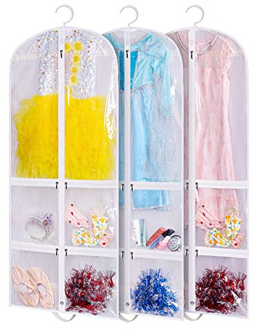 SLEEPING LAMB Clear Garment Bag for Dance Costume Kids 50 Inch Hanging Clothes Cover for Closet Storage With 4 Large Zipper Pockets for Ballet, Theatre, Competitions, 3 Packs, White