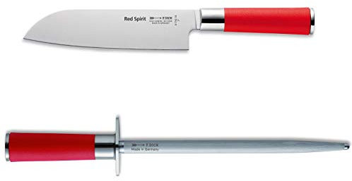 Dick Red Spirit breites Santokumesser 18 cm Set mit rundem Standardzug Wetzstahl 25 cm