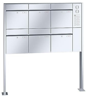 RENZ/Plan / 6er Freistehende Briefkastenanlage Standbriefkasten mit Sprechfeld / V4A-Edelstahl/Volumen 28 L/mit Fußplatten/Dein-Briefkasten.de