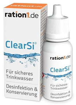 ration1 ClearSi® Wasseraufbereitung Trinkwasser, 120 Liter Wasser desinfizieren & konservieren (12ml Dosierflasche), entkeimen und haltbar Machen, leichte Dosierung, 1 Tropfen auf 500 ml Wasser
