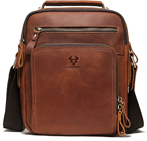 Sac à bandoulière en cuir véritable pour homme - Fermeture éclair - Pour le travail et les affaires, Mh573 - Marron