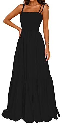 kinstell Women's 2025 Summer Casual Boho Sleeveless Spaghetti Strap Smocked Square Neck Ruffle A Line Beach Long Maxi Dress Black