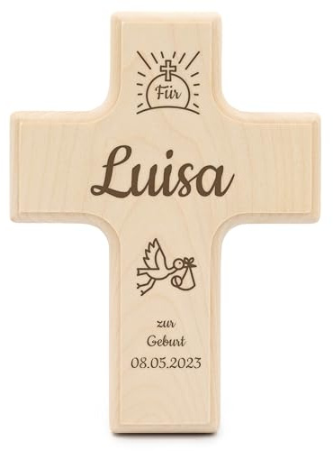Geschenkfreude Geburtskreuz personalisiert - Kinderkreuz mit Namen | 19x14x1,5cm personalisierte Geschenke zur Geburt für Mädchen und Jungen, Baby Geschenkideen Neugeborene, Holzkreuz