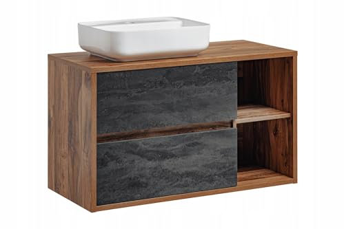 Muebles Slavic Mobile da bagno con lavabo, 100 cm, 2 cassetti, 2 ripiani, in cemento/rovere