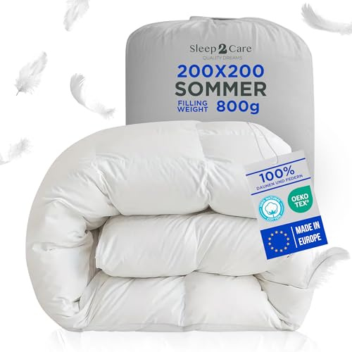 Sleep2Care Sommerdecke 200x200 | Bettdecke für Entspannung & Tiefen Schlaf | Öko-Tex Zertifizierte | 100% Daunen & Federn, 800 gr. Füllung 200 GSM