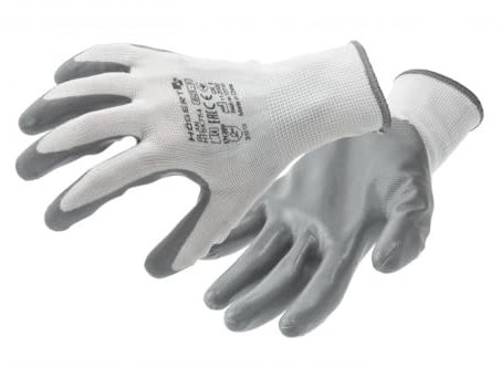Högert Technik GLAN guantes de protección recubiertos de nitrilo, blanco/gris, talla 9, 12 pares/paquete, resistentes al desgarro y a la perforación, ecológicos, ideales para trabajos de precisión