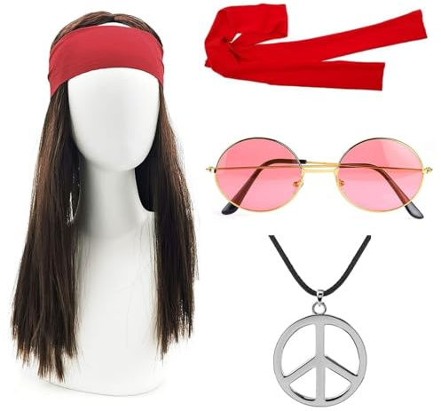 LIURFLNC Hippie Kostüm 60er 70er Jahre Outfit Herren - Set Mit Perücke, Sonnenbrille, Peace Halskette Anhänger, Stirnband für Fasching Karneval Thema Party