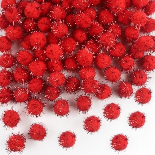TOAOB 100 Stück Rot Pompons zum Basteln Glitzer 25 mm Mini Pompom Plüsch | Flauschigen Set, Bälle Kunst Bommel für Dekorieren, Verzieren Nähen DIY Lustige Kreativen Handwerk