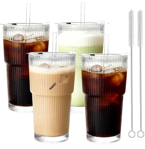 MEETOZ Iced Coffee Cup,4 Set 600ml Finew Glass Cups | Ribbed Glass Tumblers with Lids and Glass Straws,for Smoothies, Beer, Cola, Juice, Soda