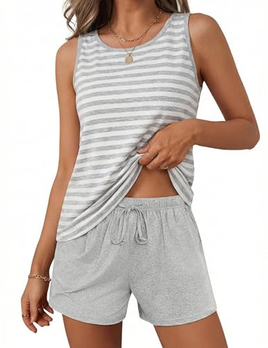 Litherday Women's Pyjamas Sets Sleeveless Cotton Tank Top with Shorts Cami Summer Pjs Set for Ladies Sleepwear Nightwear With Pocket Light Grey S