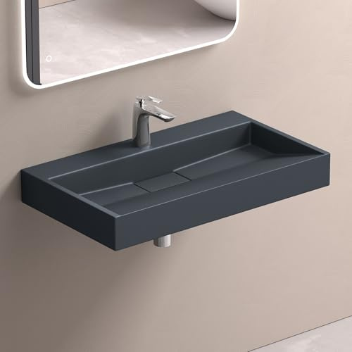 doporro Lavabo Bagno Rettangolare 70 cm, Lavandino Bagno da Appoggio o Sospeso in Minerale Fuso Antracite Opaco, Foro Rubinetto, Scarico Incluso Colossum19