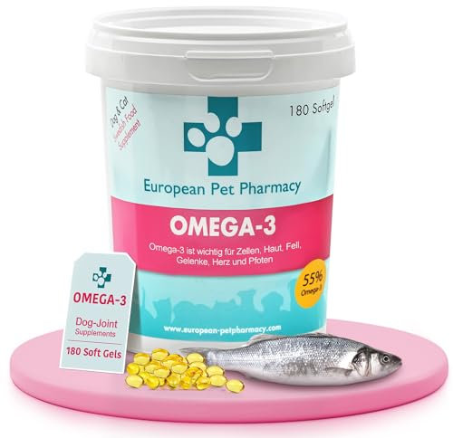 European Pet Pharmacy - Fischöl für Hunde/Fischöl Katze, Hochdosiertes Ergänzungsmittel für Hunde, Reich an Omega 3 & 6 Gelenktabletten, Hund und Katze bei Juckender Haut - Mobilität - 180 Softgels