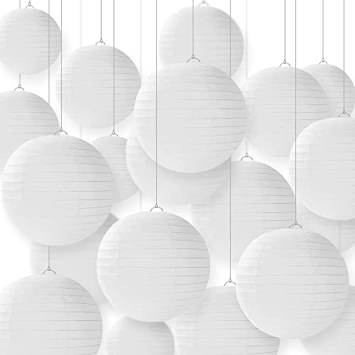 Newthinking 20PCS Hanging Paper Lanterns, 6 8 10 12 Round White Paper Lantern Decorations with Hanging Line for Weddings Decoration, Indoor and Garden Party Decoration | White, 6''x5, 8x5, 10x5, 12x5, Hanging Paper Lampshades with Line, Indoor and Garden, Wedding Party Decorations