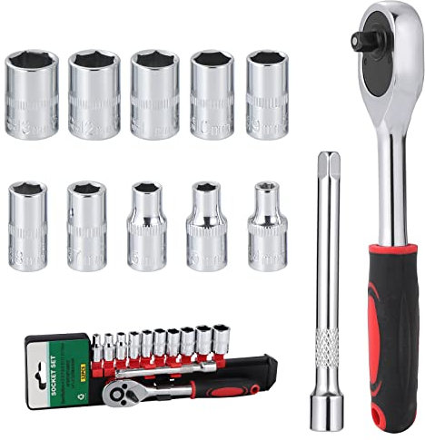 Moendergo 12pcs 1/4″ Metric Socket Wrench Set, Drive Ratchet with High Precision Gear Ratchet Wrench Extension Rod and 10pcs Short Set(4-13mm) Suitable for Furniture Auto Car Repair