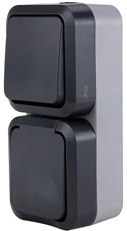 REV - AquaStorm, Feuchtraum Steckdose Aufputz mit Lichtschalter, IP55, senkrecht, 230V, 16A, anthrazit