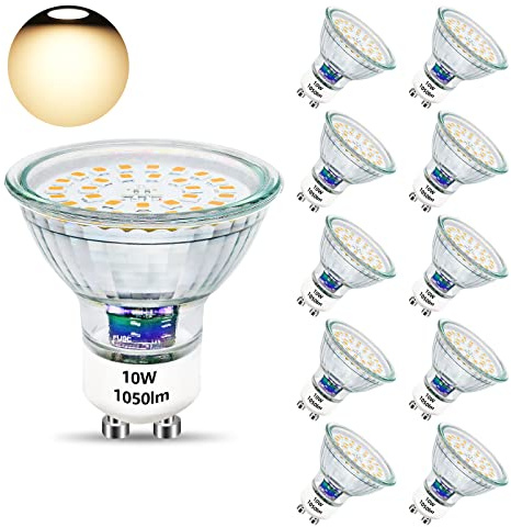 Unikcst GU10 LED Bulbs Warm White 10W Lightbulb Replaces 100W Halogen Lamp 3000K 1050lm Bright Spotlight Bulbs 240V Beam Angle 120° LED Spot Lights, Non Dimmable, 10 Pack