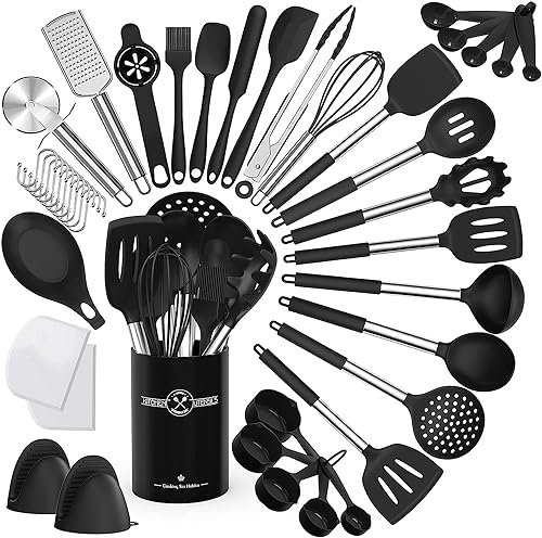 Terlulu Küchenhelfer Set, 34-teiliges Silikon Kochutensilien Kochbesteck Set, Hitzebeständiger Kochgeschirr mit Utensilienhalter, Antihaft Kochset Küchenutensilien mit Edelstahlgriff
