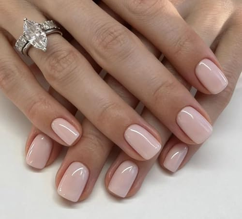 MouyouGlow Press on Nails Kurz,Squoval Hell Rosa Einfarbige Glossy Fake Nails Kunstnägel mit Nagelkleber,Shiny Light Pink Solid Plain Künstliche Fingernägel …