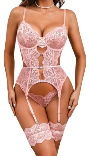 EVELIFE Lingerie - Set di lingerie sexy da donna, in pizzo, 3 pezzi, con reggiseno e mutandine, giarrettiera senza calze, taglie S-XXL, Colore: rosa., L