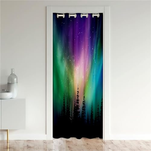 Odot Verdunkelungsvorhänge mit Ösen, Landschaft Muster Raumteiler Vorhang Türvorhang Thermo Blackout Thermovorhang Winter Kälteschutz Türvorhang für Fenster Tür (Aurora,80x180cm)