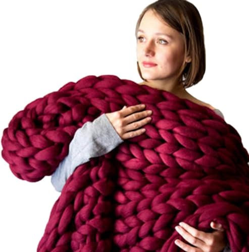 Strick-Überwurf, grob gestrickte Decke, Strickdecke, grauer Überwurf für Sofa, großer gestrickter Bettüberwurf, Decken für Betten (100 x 120, Weinrot)