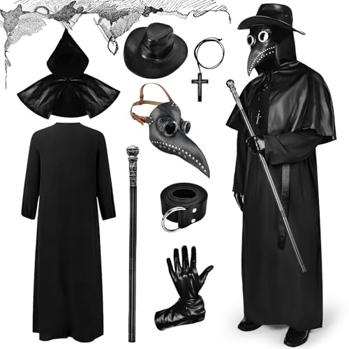 Ulikey Pestdoktor Kostüm, Pestdoktor Kostüm Herren Plague Doctor Costume Cosplay Set, Mittelalter Pestdoktor Outfit mit Pestdoktor Maske, Zepter Hut Handschuhe Accessoire für Erwachsene Karneval