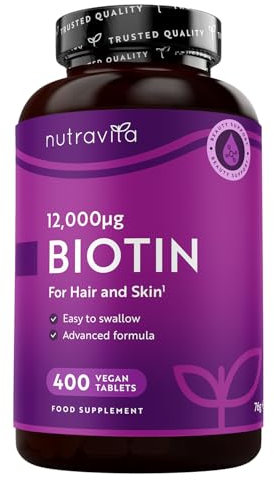 Biotin Hair Growth Supplement 12,000mcg – 400 Vegan Tablets (13+ Month Supply) High Strength Vitamin B7 12000UG - Supports Skin & Hair Growth – High Absorption Biotin Pills for Women & Men – Nutravita