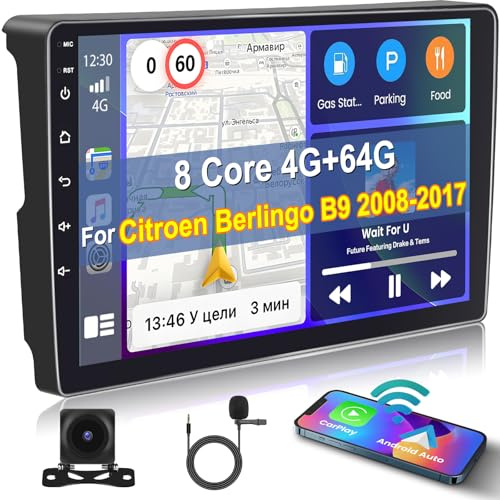 Inefala 8 Core 4+64G Android 15 Radio de Coche para Citroen Berlingo B9 2008-2018 con Inalámbrico Carplay Android Auto, Pantalla táctil de 9 Pulgadas con GPS WiFi 59UI EQ DSP Cámara Visión Trasera Mic