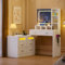 YITAHOME Dressing Table with LED Lighting Mirror Vanity Table with Charging Station, Corner Dressing Table with Chest of Drawers Modern Makeup Desk with Drawers, Open Compartments, Adjustable Shelves