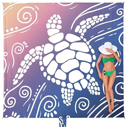 WEKAPO Beach Blanket Waterproof Sandproof Oversized Extra Large Sand Free Beach Mat with Stakes, Storage Bag - Essentials for Outdoor Beach, Picnic (Deep Blue Sea Turtle, 11 X 9 FT (1~10 Person))
